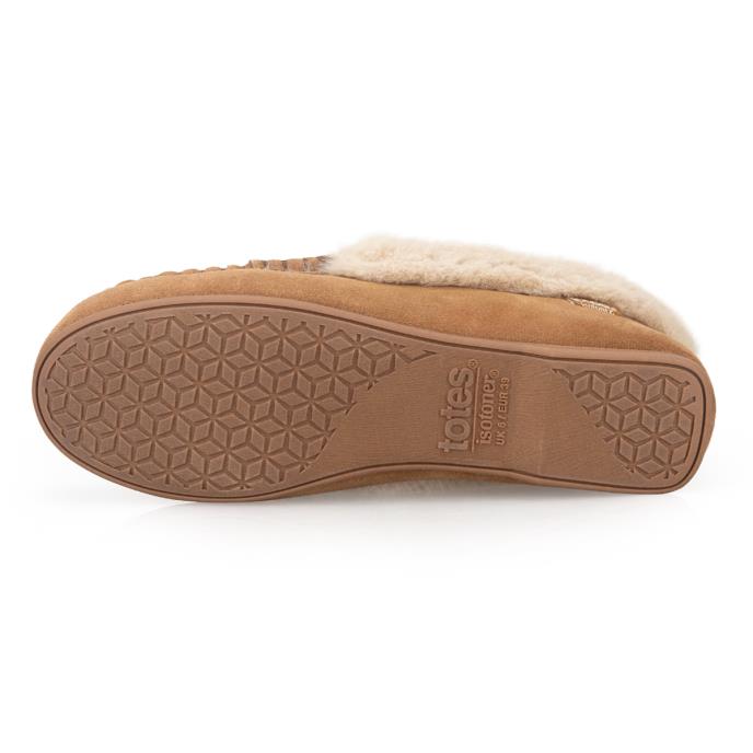Isotoner® Ladies Fur Lined Suede Moccasin Slipper With Keeper Tab Tan Extra Image 5